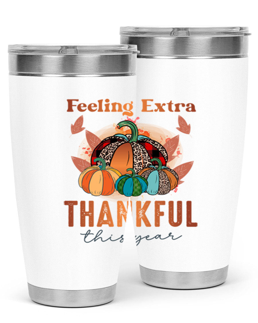 Feeling Extra Thankful tumbler featuring double wall vacuum stainless steel design, perfect for hot and cold beverages.