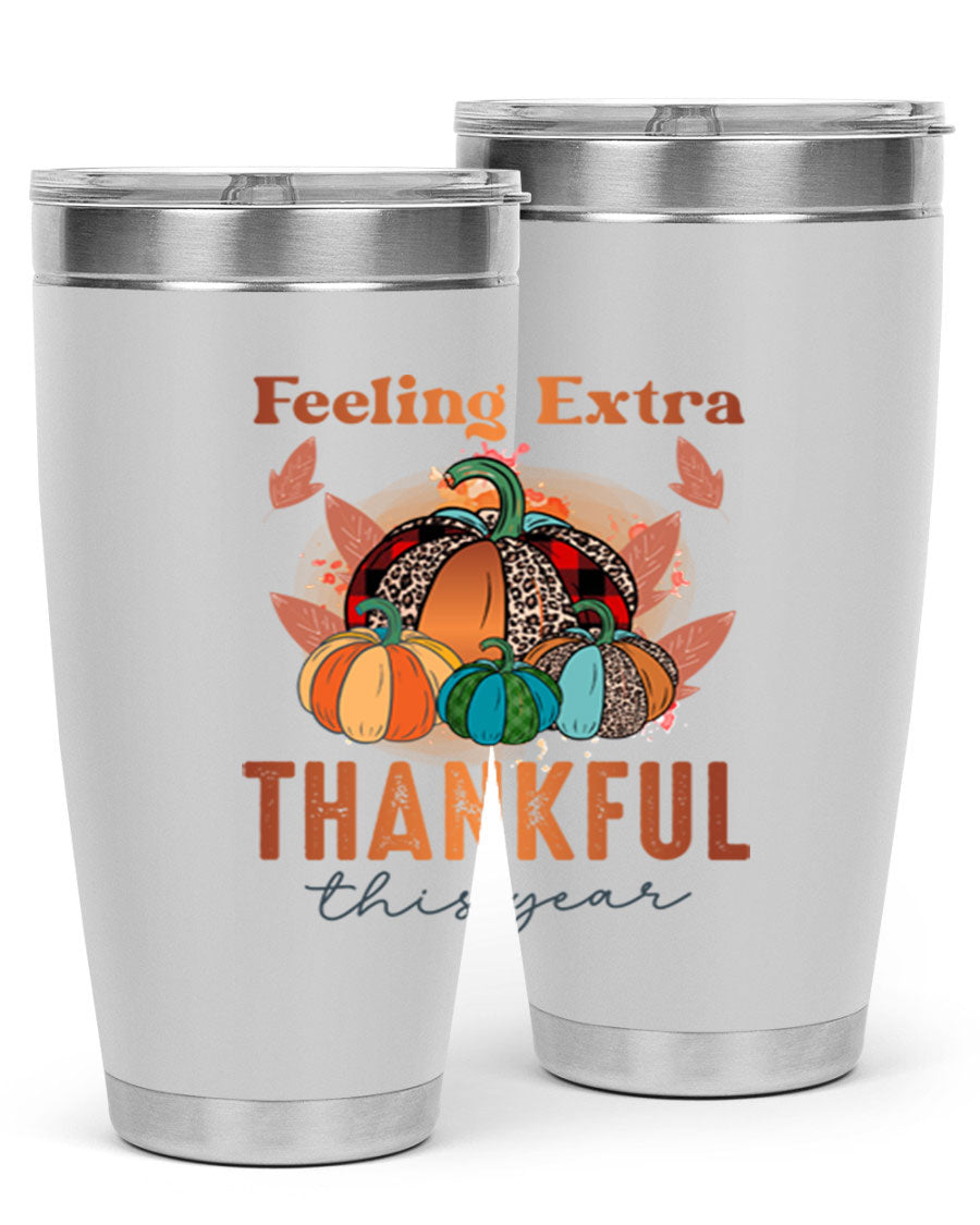 Feeling Extra Thankful tumbler featuring double wall vacuum stainless steel design, perfect for hot and cold beverages.
