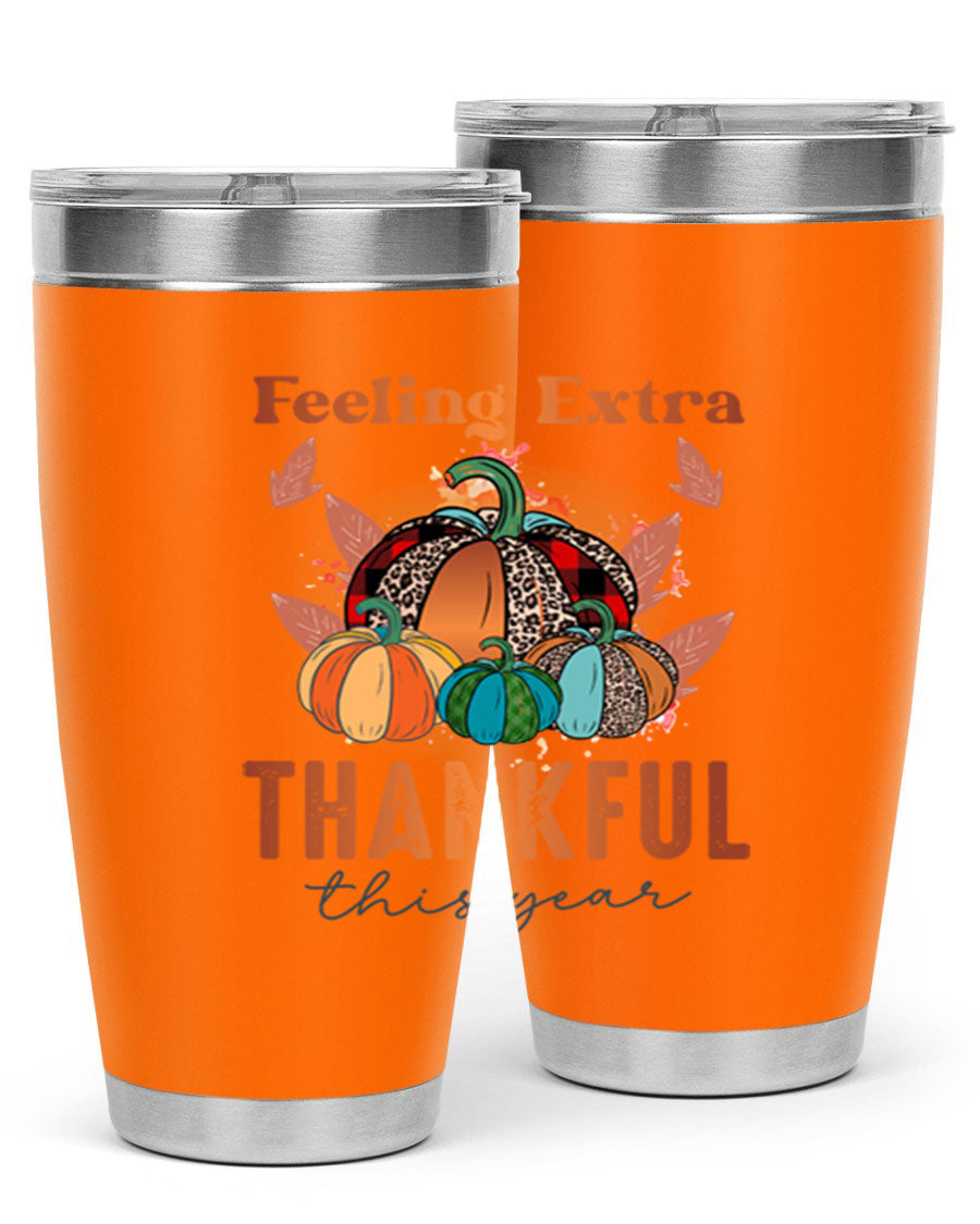 Feeling Extra Thankful tumbler featuring double wall vacuum stainless steel design, perfect for hot and cold beverages.