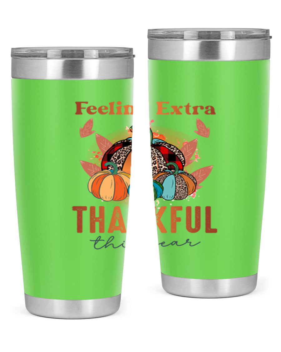 Feeling Extra Thankful tumbler featuring double wall vacuum stainless steel design, perfect for hot and cold beverages.