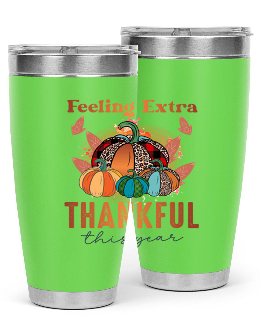 Feeling Extra Thankful tumbler featuring double wall vacuum stainless steel design, perfect for hot and cold beverages.
