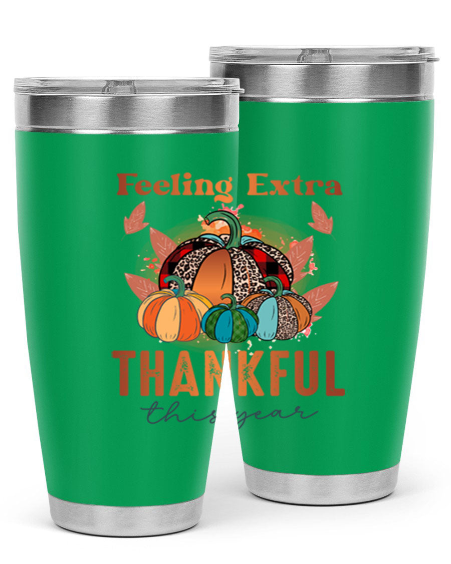 Feeling Extra Thankful tumbler featuring double wall vacuum stainless steel design, perfect for hot and cold beverages.