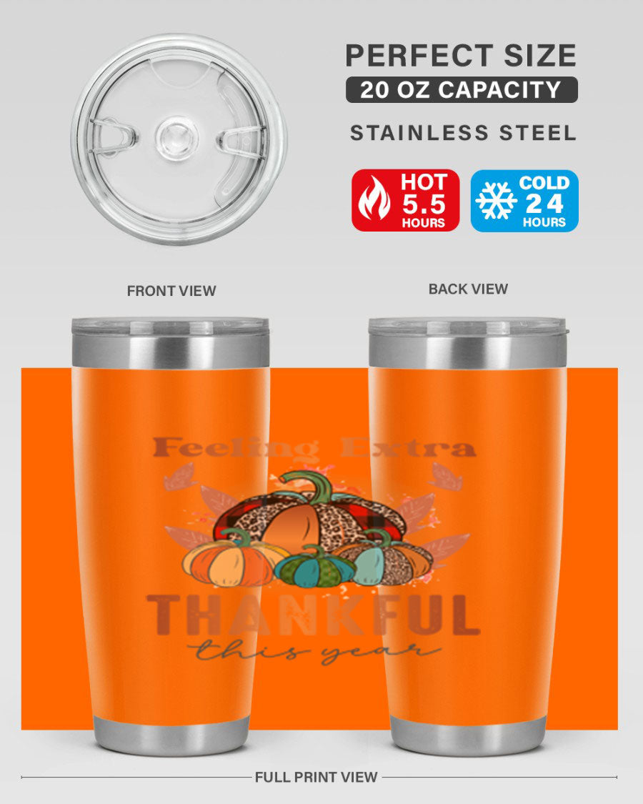 Feeling Extra Thankful tumbler featuring double wall vacuum stainless steel design, perfect for hot and cold beverages.