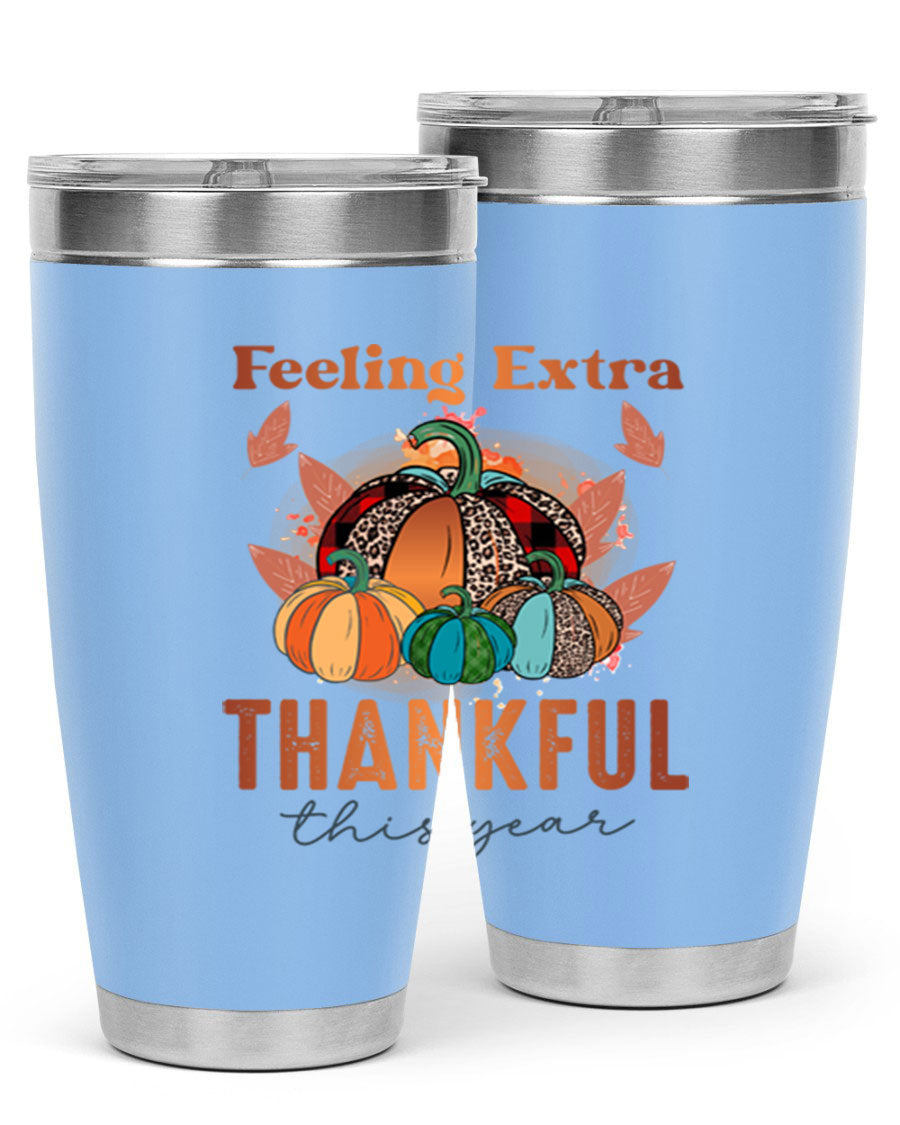 Feeling Extra Thankful tumbler featuring double wall vacuum stainless steel design, perfect for hot and cold beverages.