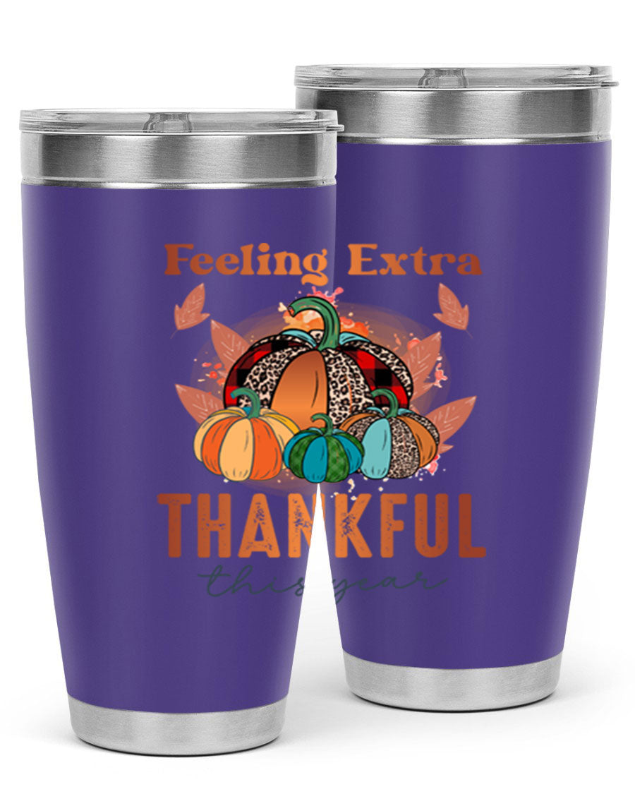 Feeling Extra Thankful tumbler featuring double wall vacuum stainless steel design, perfect for hot and cold beverages.