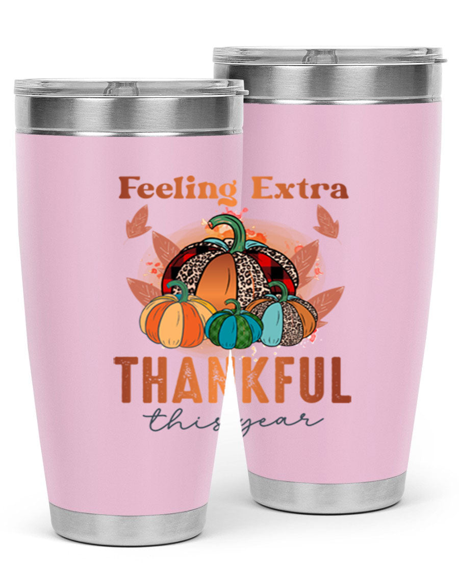Feeling Extra Thankful tumbler featuring double wall vacuum stainless steel design, perfect for hot and cold beverages.