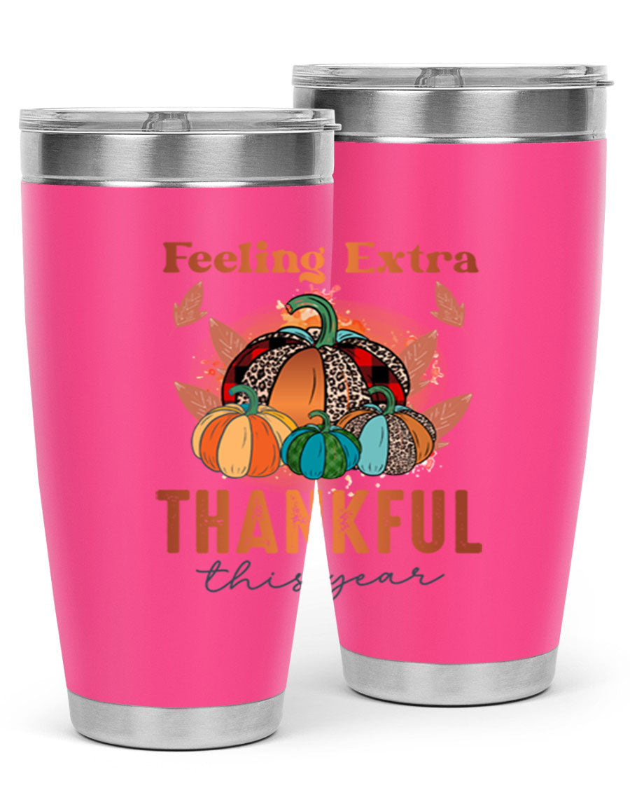 Feeling Extra Thankful tumbler featuring double wall vacuum stainless steel design, perfect for hot and cold beverages.