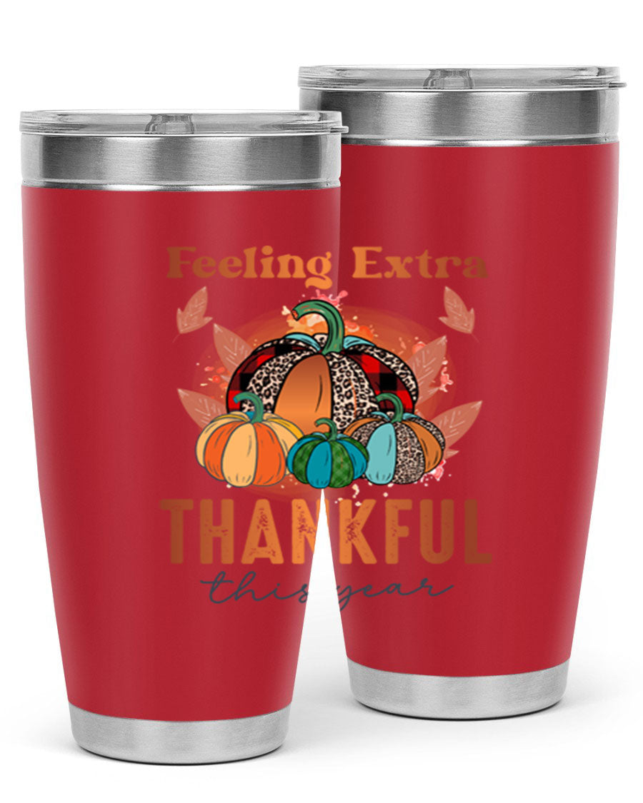 Feeling Extra Thankful tumbler featuring double wall vacuum stainless steel design, perfect for hot and cold beverages.