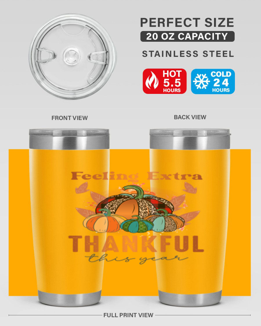 Feeling Extra Thankful tumbler featuring double wall vacuum stainless steel design, perfect for hot and cold beverages.