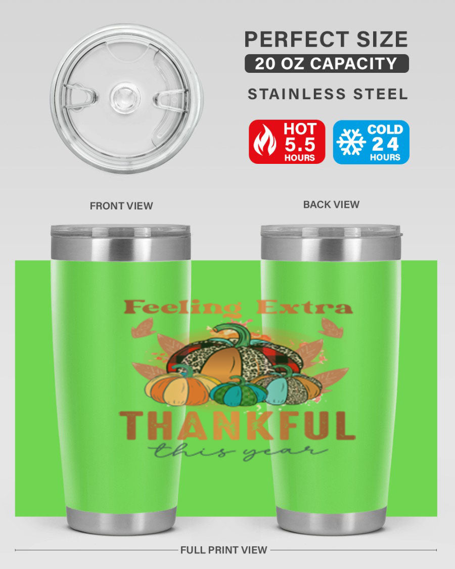 Feeling Extra Thankful tumbler featuring double wall vacuum stainless steel design, perfect for hot and cold beverages.