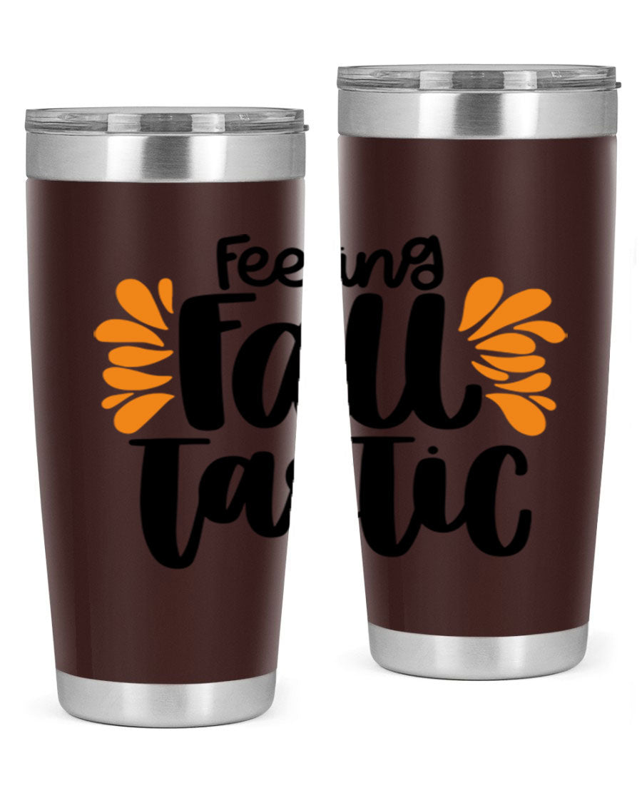 Feeling Fall Tastic 488# tumbler in stainless steel with a fall-themed design, showcasing its double wall vacuum insulation and drink-thru lid.