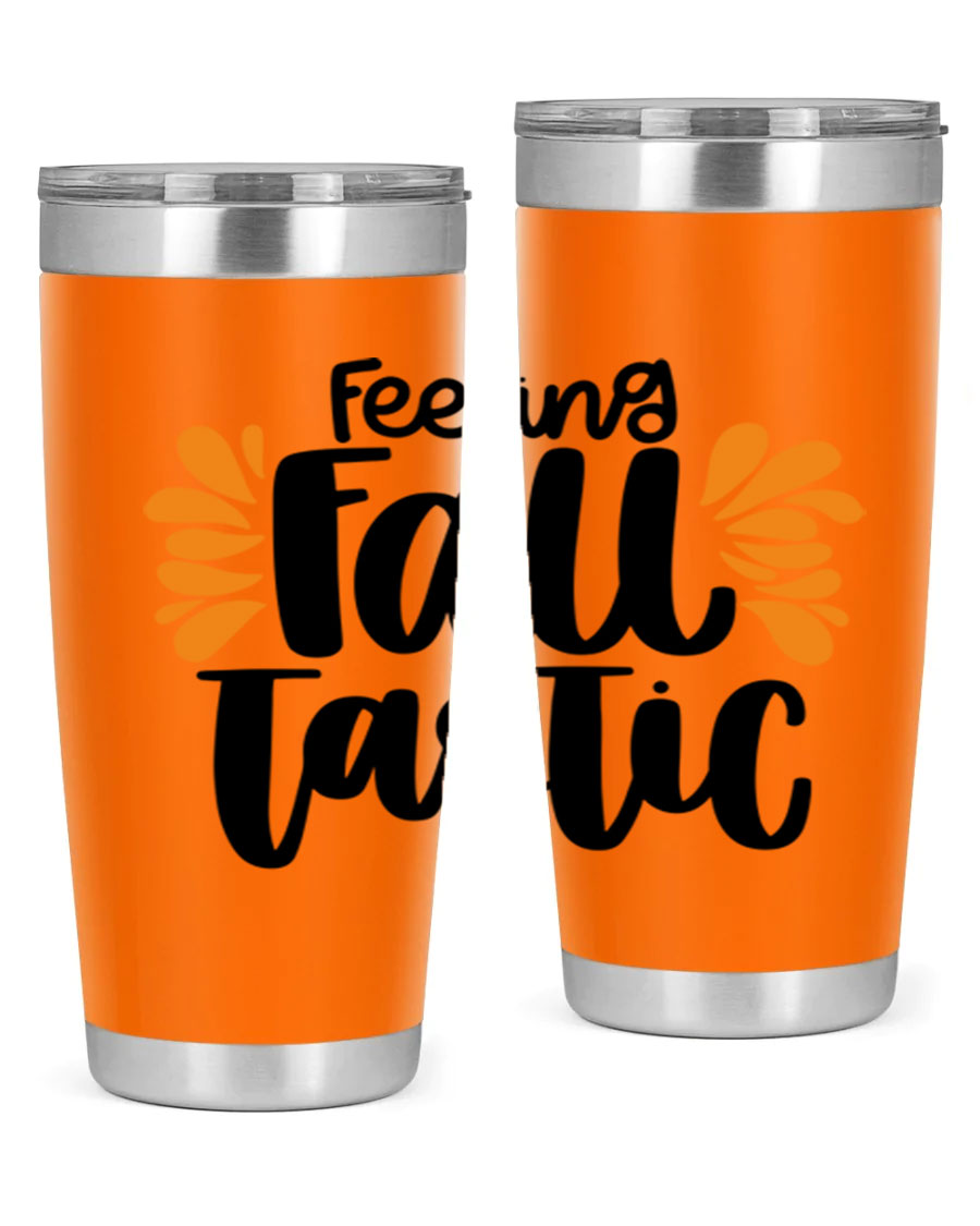 Feeling Fall Tastic 488# tumbler in stainless steel with a fall-themed design, showcasing its double wall vacuum insulation and drink-thru lid.