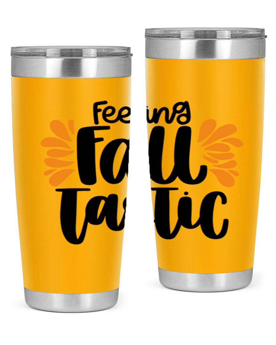 Feeling Fall Tastic 488# tumbler in stainless steel with a fall-themed design, showcasing its double wall vacuum insulation and drink-thru lid.