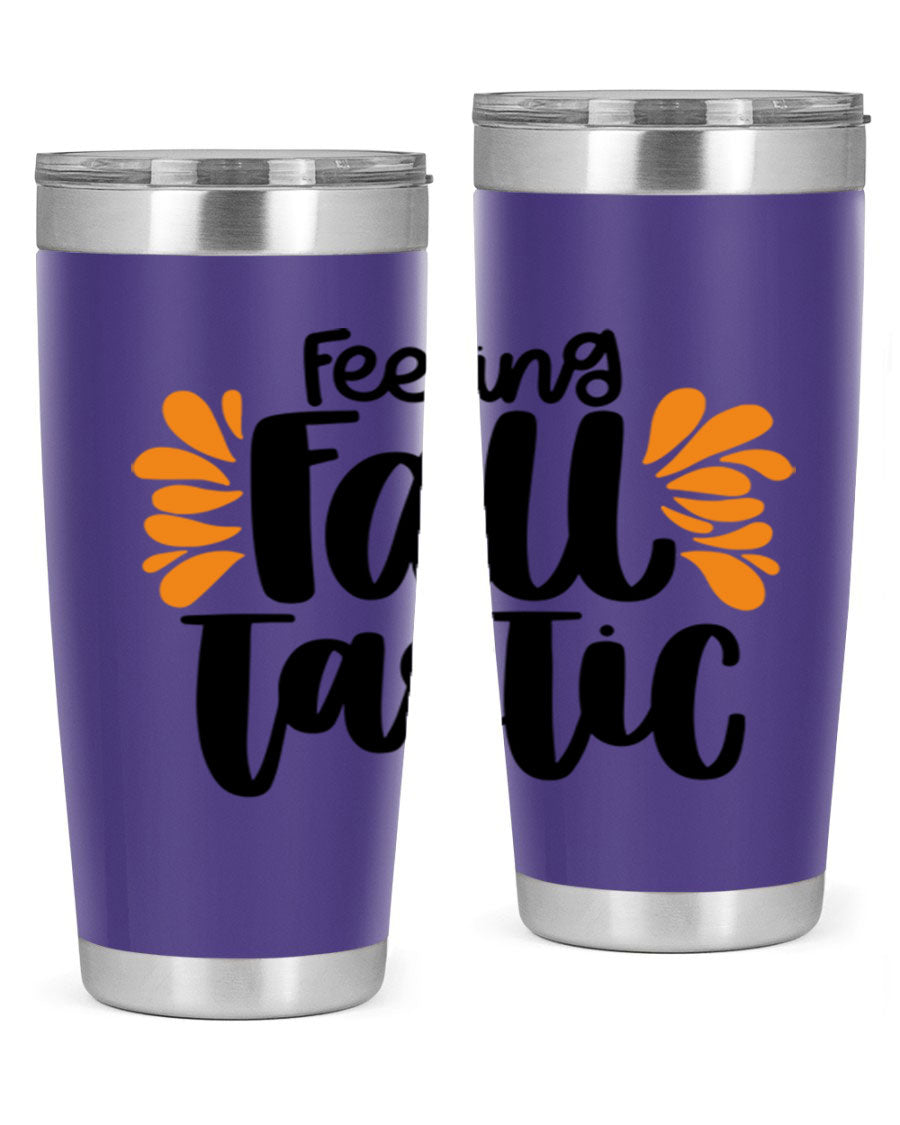 Feeling Fall Tastic 488# tumbler in stainless steel with a fall-themed design, showcasing its double wall vacuum insulation and drink-thru lid.