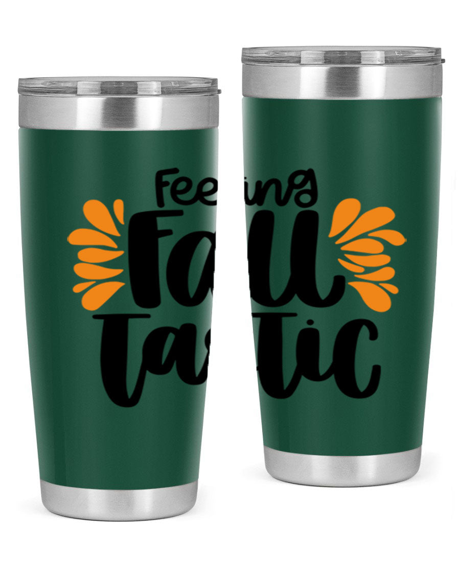 Feeling Fall Tastic 488# tumbler in stainless steel with a fall-themed design, showcasing its double wall vacuum insulation and drink-thru lid.