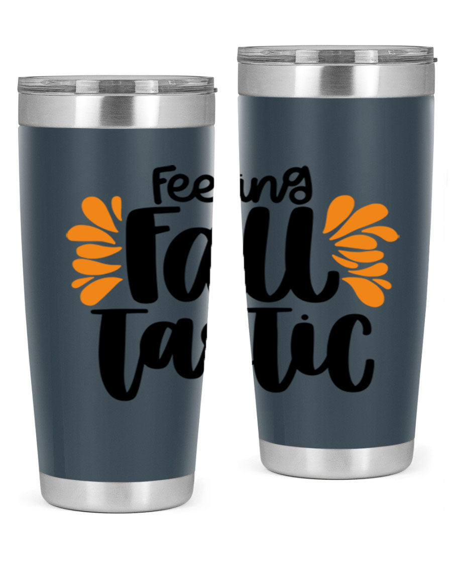 Feeling Fall Tastic 488# tumbler in stainless steel with a fall-themed design, showcasing its double wall vacuum insulation and drink-thru lid.