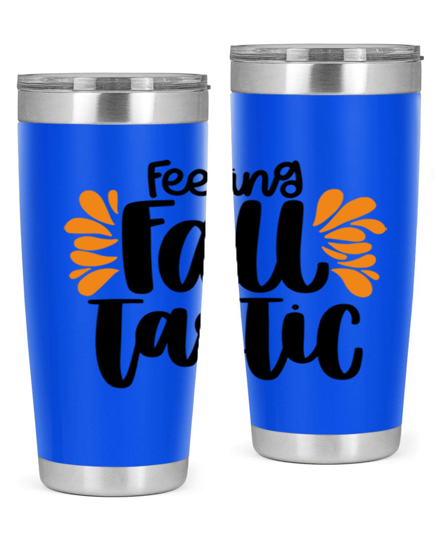 Feeling Fall Tastic 488# tumbler in stainless steel with a fall-themed design, showcasing its double wall vacuum insulation and drink-thru lid.