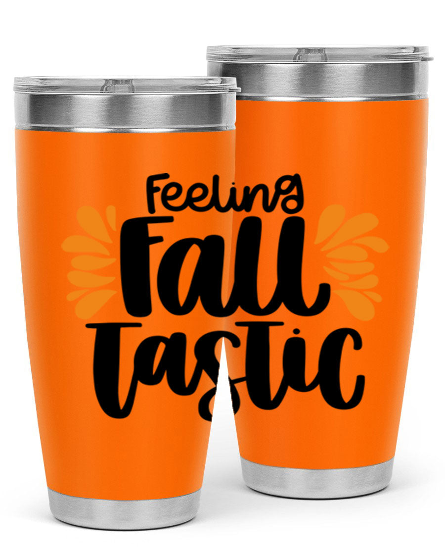 Feeling Fall Tastic 488# tumbler in stainless steel with a fall-themed design, showcasing its double wall vacuum insulation and drink-thru lid.