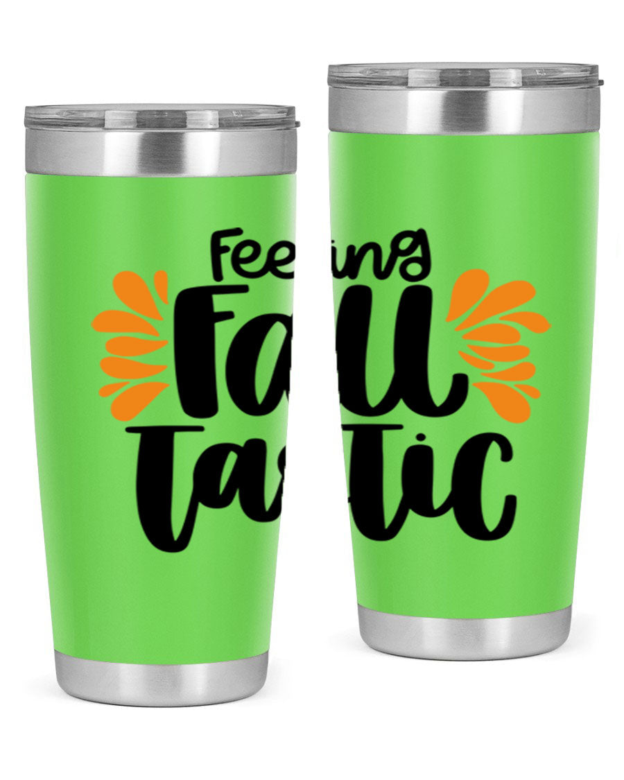 Feeling Fall Tastic 488# tumbler in stainless steel with a fall-themed design, showcasing its double wall vacuum insulation and drink-thru lid.
