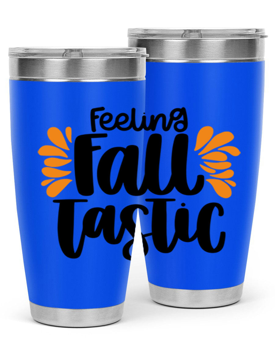 Feeling Fall Tastic 488# tumbler in stainless steel with a fall-themed design, showcasing its double wall vacuum insulation and drink-thru lid.