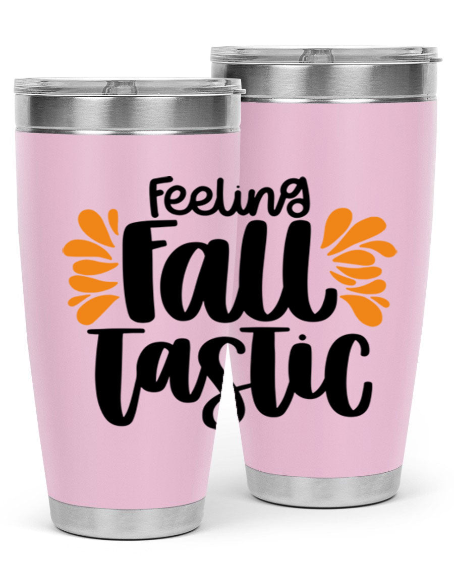 Feeling Fall Tastic 488# tumbler in stainless steel with a fall-themed design, showcasing its double wall vacuum insulation and drink-thru lid.