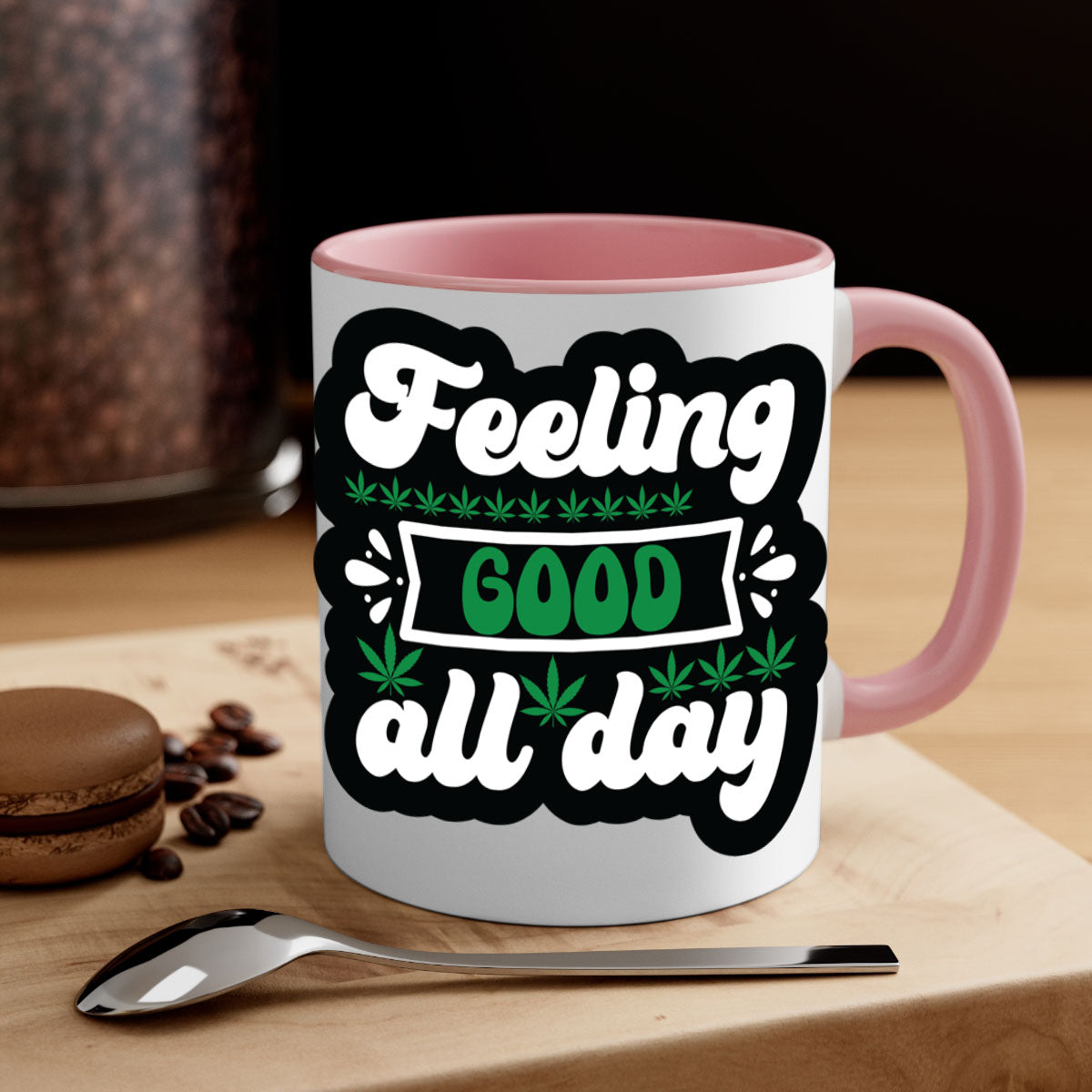 Feeling Good All Day 82# Mug with colorful handle and interior, showcasing glossy ceramic finish.