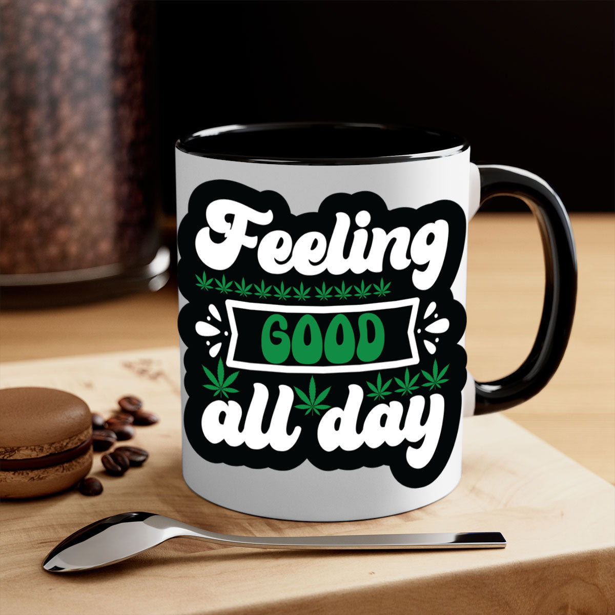 Feeling Good All Day 82# Mug with colorful handle and interior, showcasing glossy ceramic finish.