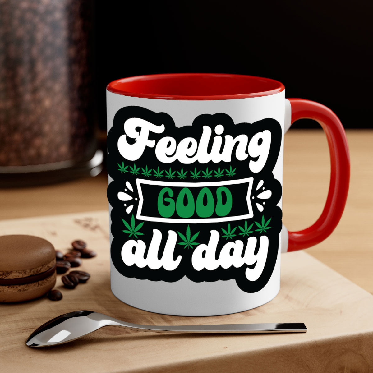 Feeling Good All Day 82# Mug with colorful handle and interior, showcasing glossy ceramic finish.