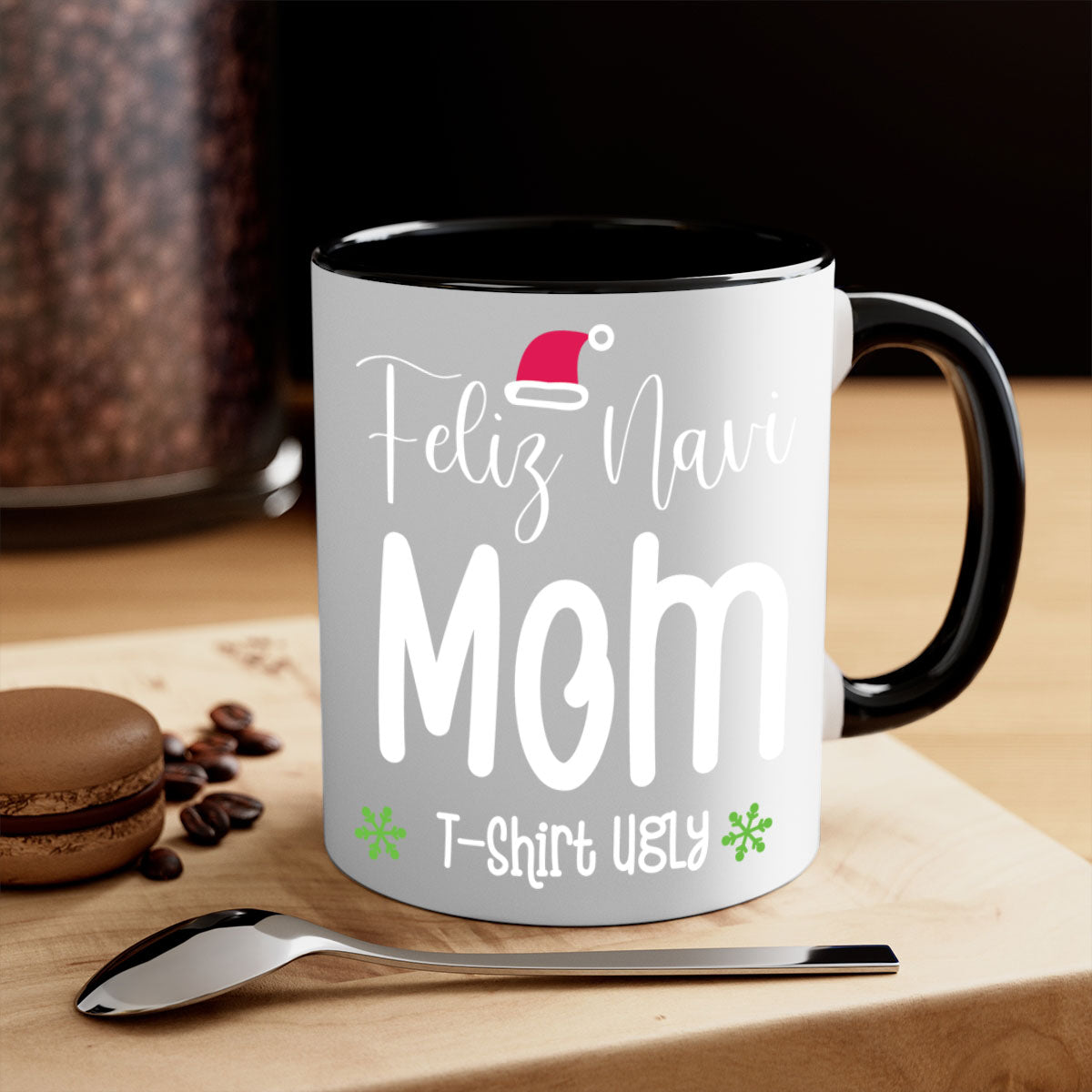 Feliz Navi Mom T-Shirt Ugly Style 210# Mug with colorful handle and glossy finish, perfect for holiday beverages.