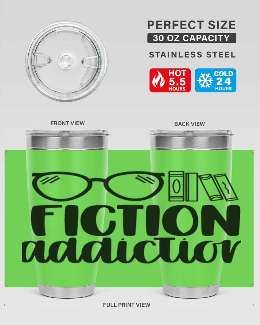 Fiction Addiction 40# Tumbler featuring a sleek stainless steel design with a drink-thru lid, perfect for hot and cold beverages.