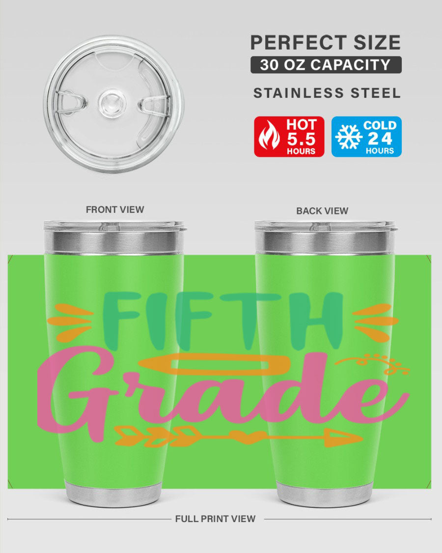 A stylish 5th grade tumbler made of double wall vacuum stainless steel, featuring a press-in lid and vibrant print, perfect for keeping drinks hot or cold.