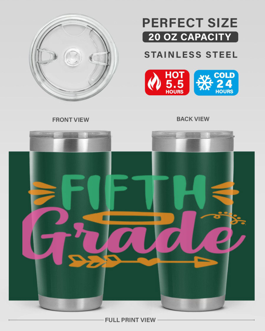 A stylish 5th grade tumbler made of double wall vacuum stainless steel, featuring a press-in lid and vibrant print, perfect for keeping drinks hot or cold.
