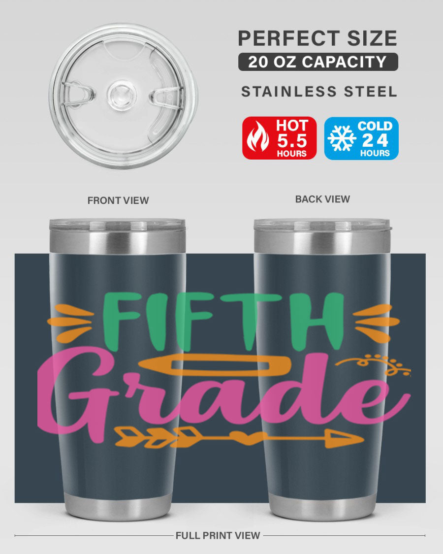 A stylish 5th grade tumbler made of double wall vacuum stainless steel, featuring a press-in lid and vibrant print, perfect for keeping drinks hot or cold.