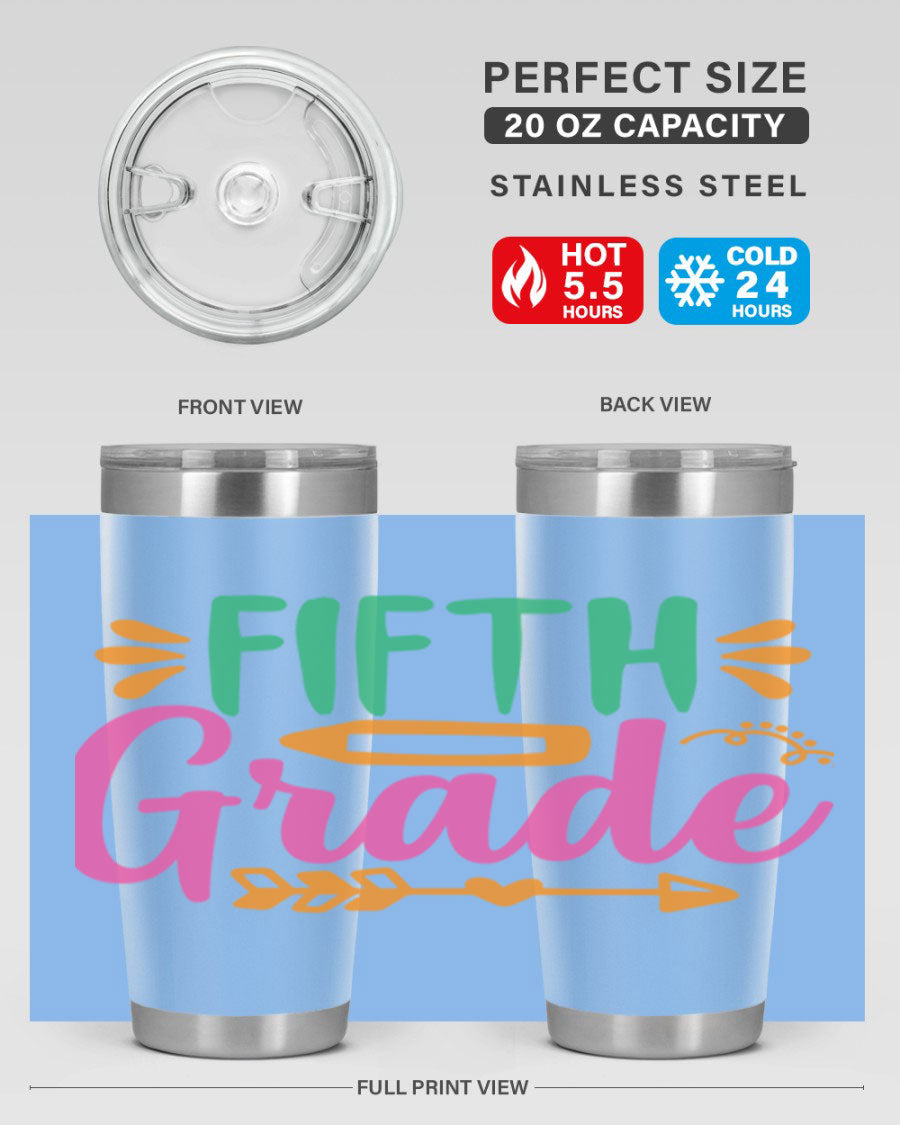 A stylish 5th grade tumbler made of double wall vacuum stainless steel, featuring a press-in lid and vibrant print, perfect for keeping drinks hot or cold.