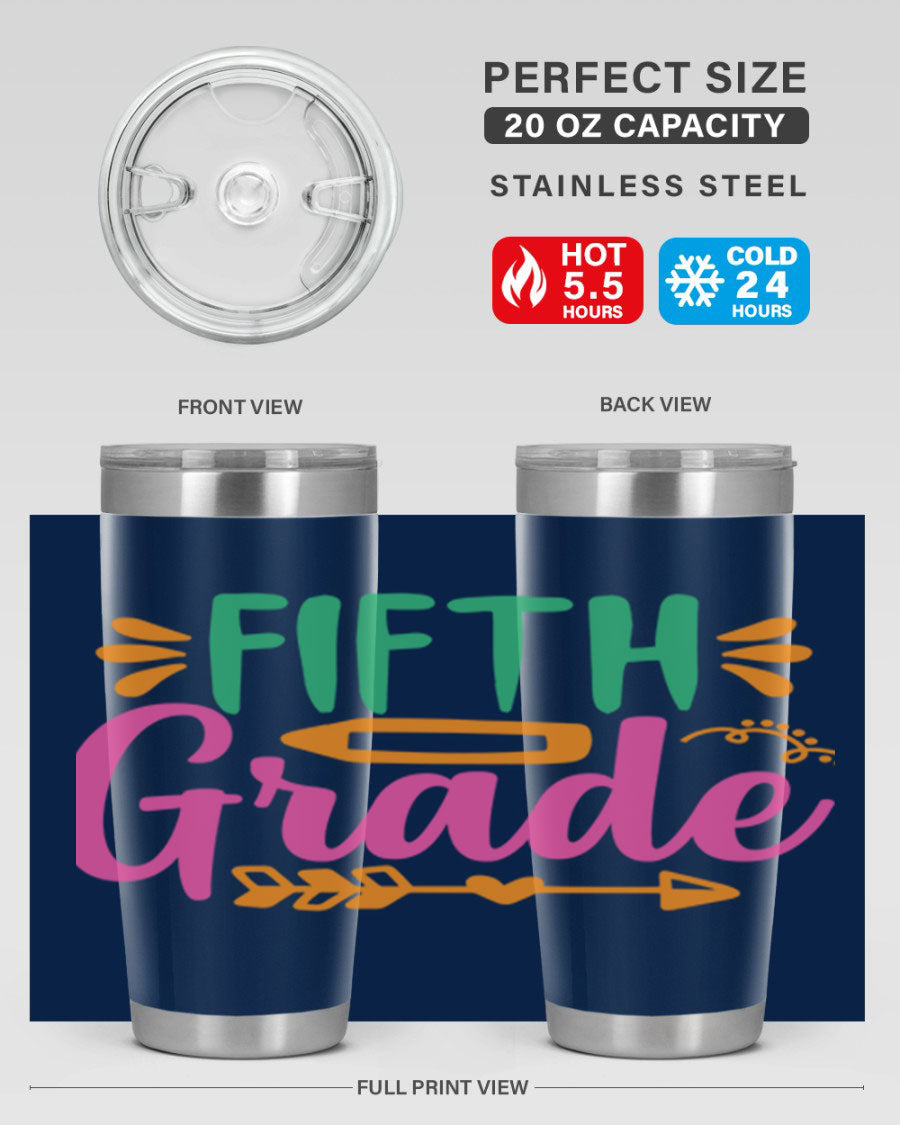 A stylish 5th grade tumbler made of double wall vacuum stainless steel, featuring a press-in lid and vibrant print, perfect for keeping drinks hot or cold.