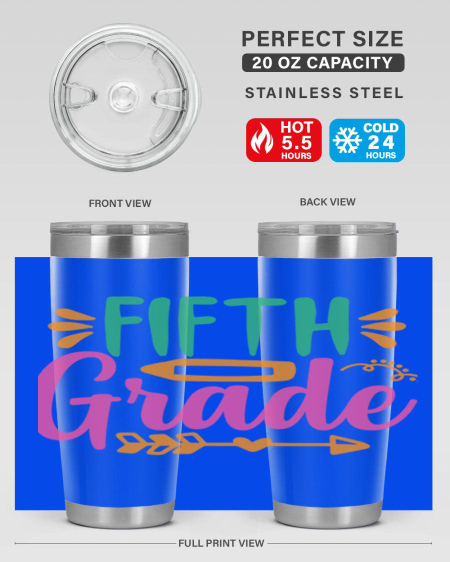 A stylish 5th grade tumbler made of double wall vacuum stainless steel, featuring a press-in lid and vibrant print, perfect for keeping drinks hot or cold.