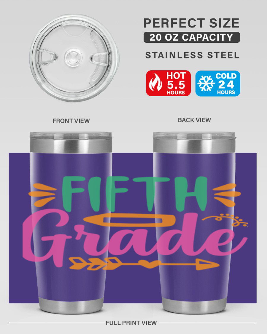 A stylish 5th grade tumbler made of double wall vacuum stainless steel, featuring a press-in lid and vibrant print, perfect for keeping drinks hot or cold.