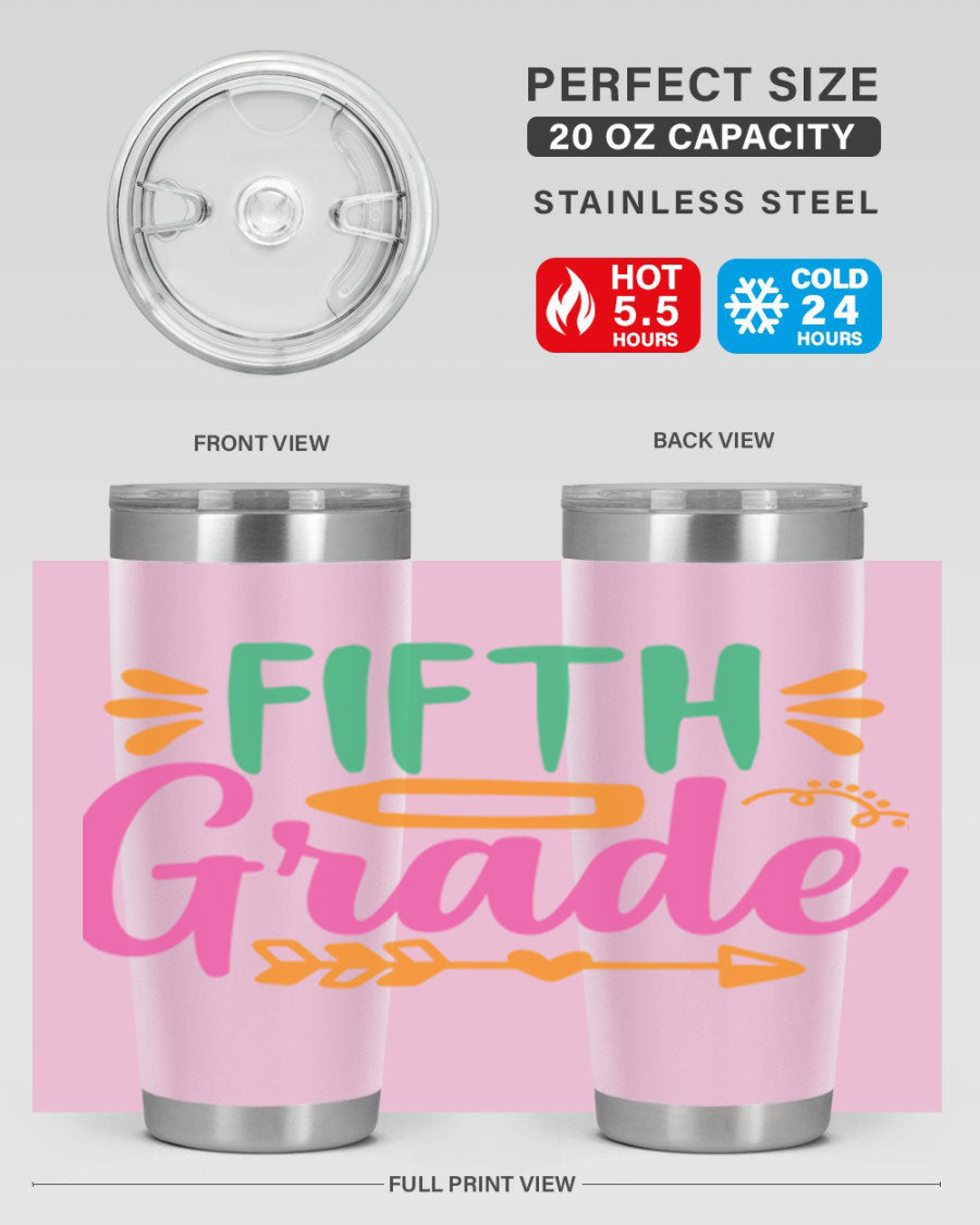 A stylish 5th grade tumbler made of double wall vacuum stainless steel, featuring a press-in lid and vibrant print, perfect for keeping drinks hot or cold.