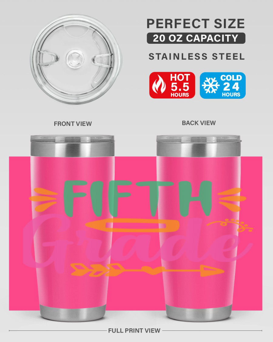 A stylish 5th grade tumbler made of double wall vacuum stainless steel, featuring a press-in lid and vibrant print, perfect for keeping drinks hot or cold.