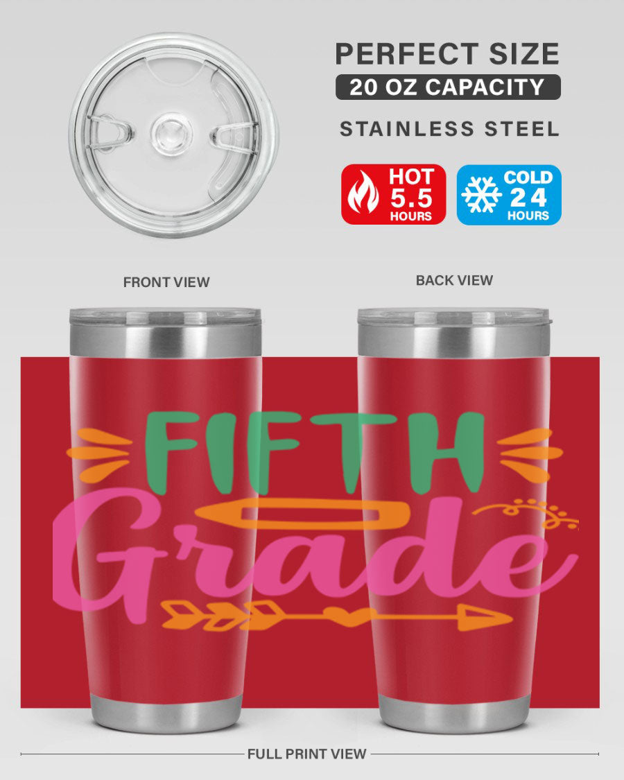 A stylish 5th grade tumbler made of double wall vacuum stainless steel, featuring a press-in lid and vibrant print, perfect for keeping drinks hot or cold.