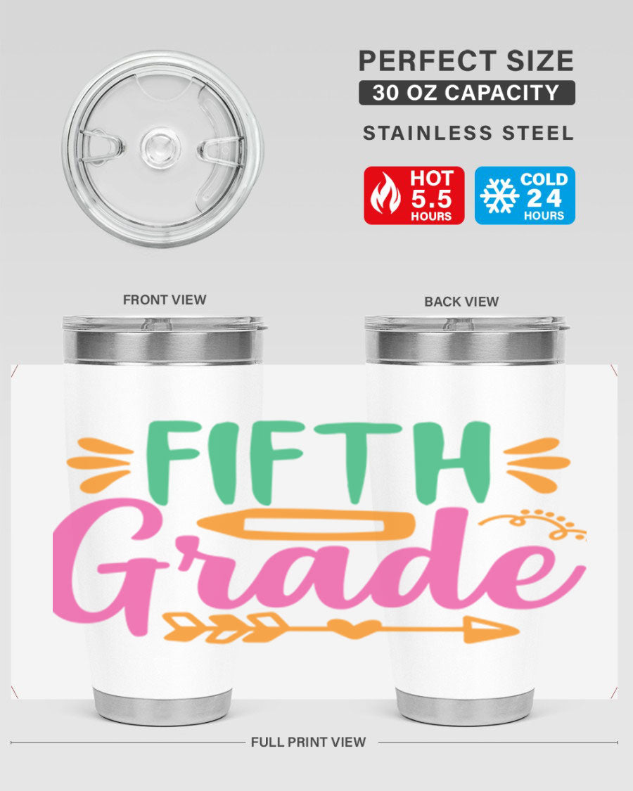 A stylish 5th grade tumbler made of double wall vacuum stainless steel, featuring a press-in lid and vibrant print, perfect for keeping drinks hot or cold.