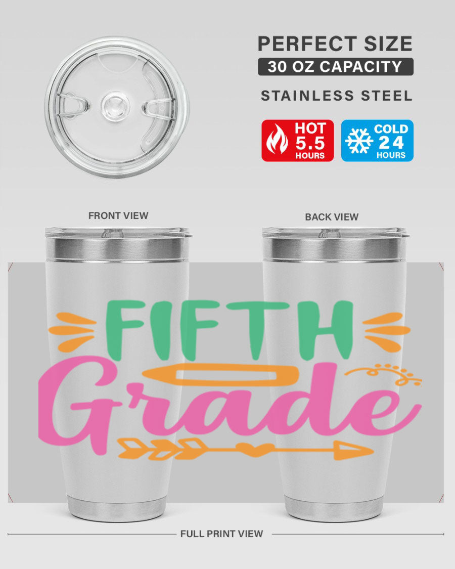 A stylish 5th grade tumbler made of double wall vacuum stainless steel, featuring a press-in lid and vibrant print, perfect for keeping drinks hot or cold.