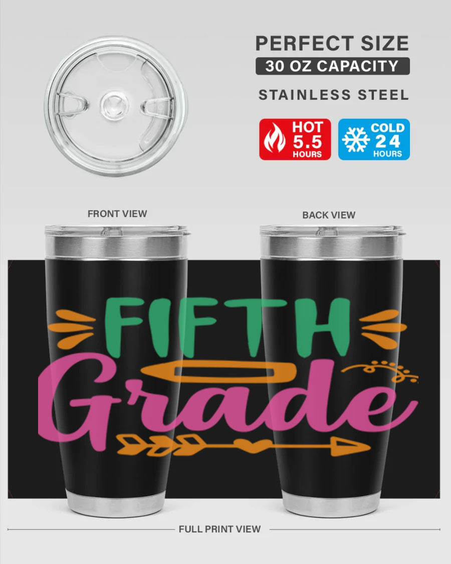 A stylish 5th grade tumbler made of double wall vacuum stainless steel, featuring a press-in lid and vibrant print, perfect for keeping drinks hot or cold.