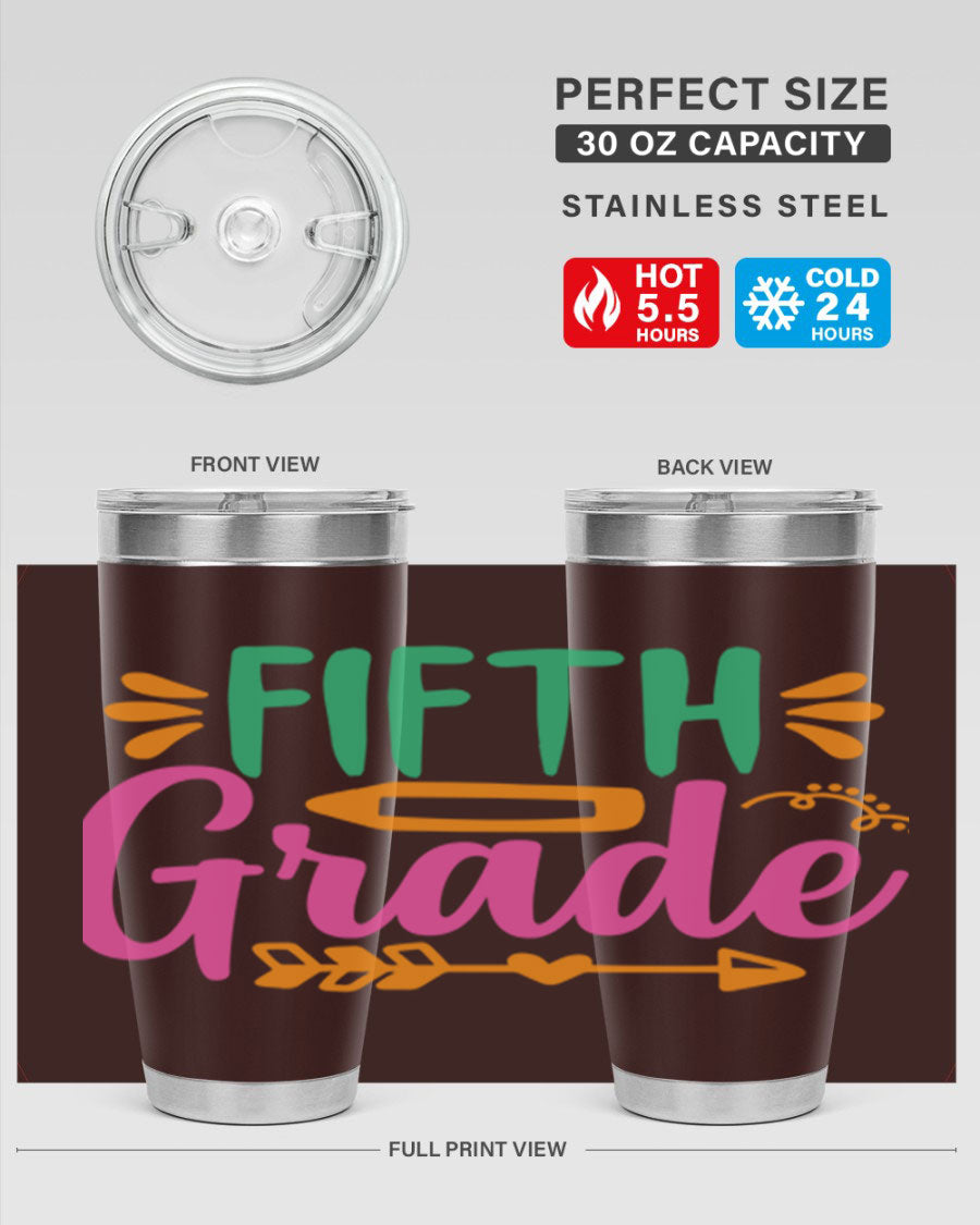 A stylish 5th grade tumbler made of double wall vacuum stainless steel, featuring a press-in lid and vibrant print, perfect for keeping drinks hot or cold.