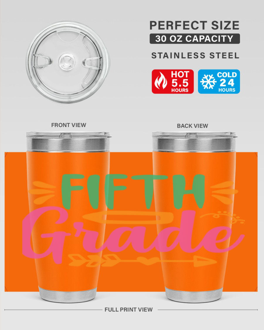 A stylish 5th grade tumbler made of double wall vacuum stainless steel, featuring a press-in lid and vibrant print, perfect for keeping drinks hot or cold.