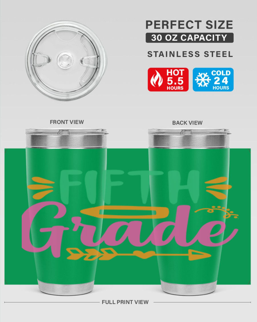 A stylish 5th grade tumbler made of double wall vacuum stainless steel, featuring a press-in lid and vibrant print, perfect for keeping drinks hot or cold.