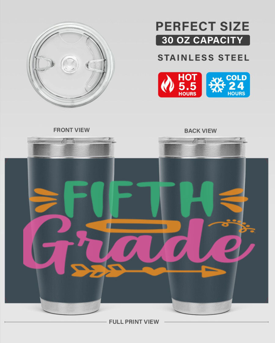 A stylish 5th grade tumbler made of double wall vacuum stainless steel, featuring a press-in lid and vibrant print, perfect for keeping drinks hot or cold.