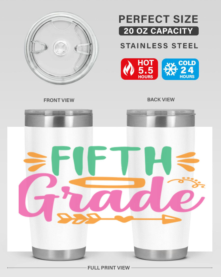 A stylish 5th grade tumbler made of double wall vacuum stainless steel, featuring a press-in lid and vibrant print, perfect for keeping drinks hot or cold.