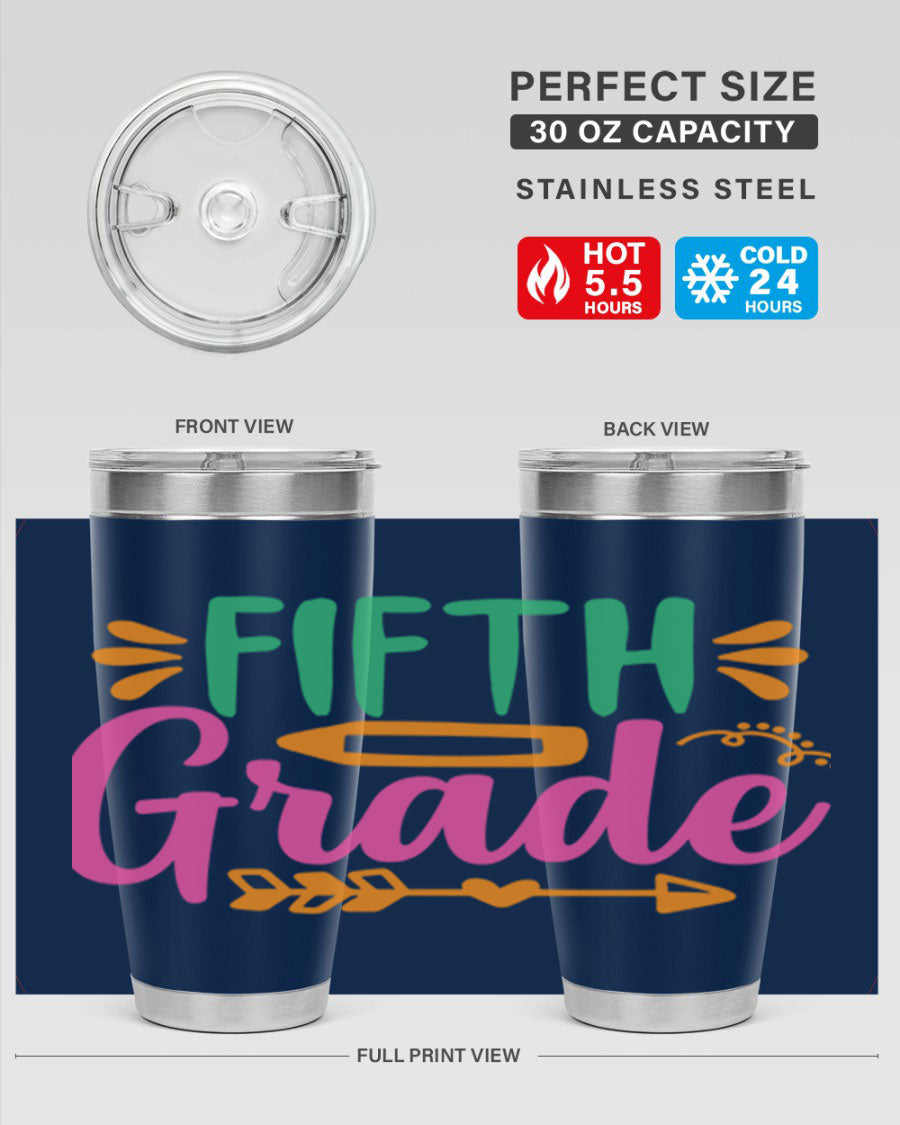 A stylish 5th grade tumbler made of double wall vacuum stainless steel, featuring a press-in lid and vibrant print, perfect for keeping drinks hot or cold.