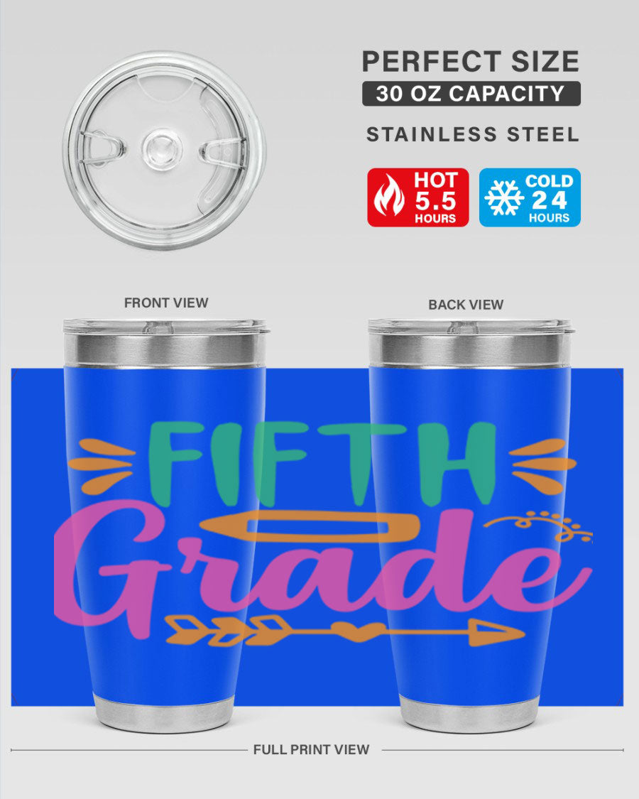 A stylish 5th grade tumbler made of double wall vacuum stainless steel, featuring a press-in lid and vibrant print, perfect for keeping drinks hot or cold.